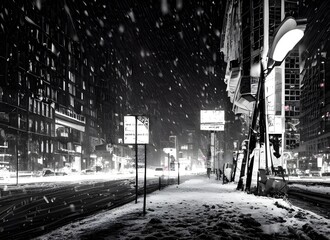 Wall Mural - The street is lined with high buildings, their windows reflecting the orange and yellow of the setting sun. A light snow is falling, covering the ground in a thin layer of white. The people walking by