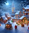 The winter christmas village is covered in a layer of sparkling snow. The houses are adorned with wreaths and strings of lights. In the center of the village, there is a tall Christmas tree that reach