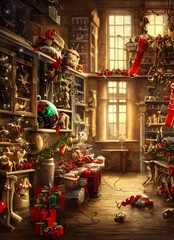 In the Christmas toy factory, workers are busy making toys. Some workers are painting dolls, while others are assembling toy cars. There is a big stack of boxes in the corner, ready to be filled with 