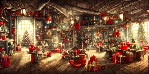 Wall Mural - The Christmas toy factory is a large building with many floors. There are conveyor belts and machines everywhere. Toys of all shapes and sizes are being made. The workers are busy putting the finishin