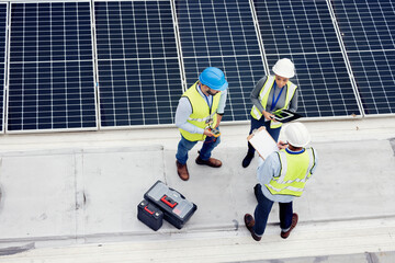 Poster - Engineering, solar panel and top view of team in discussion for inspection or installation. Sustainable, clean and solar energy from photovoltaic cells with industry people in collaboration on a site