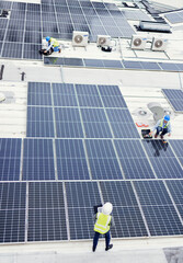 Poster - Solar panel, construction and industrial employees on roof for solar energy, engineering and sustainable lifestyle. Building, sustainability and teamwork for clean electricity and photovoltaic power