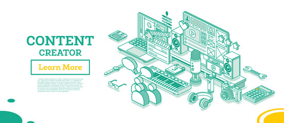 Content creator. Isometric Outline Concept. Blog or Vlog Content Strategy.