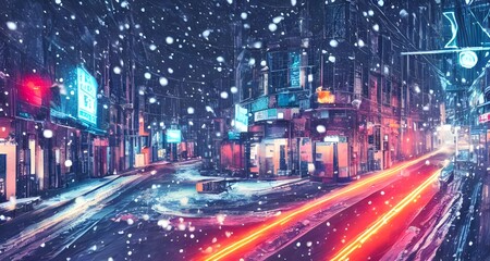 Wall Mural - The snow is gently falling through the air, a few flakes landing on my nose as I observe the scene before me. The street lamps cast a warm glow over the pavement, which is slick with frost. Cars are p