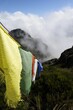 Vertical shot of prayer flags hanging on a rope in Nepal with a mountain in the background