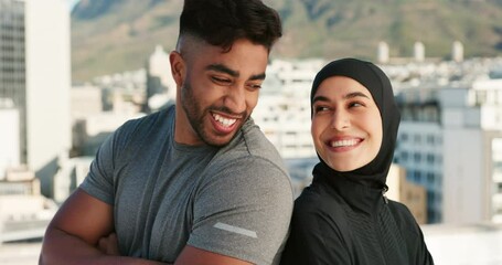 Canvas Print - Fitness, city and muslim couple or personal trainer with client on urban rooftop for exercise, wellness and healthy lifestyle. Proud, islam sports woman with a workout friend in training conversation