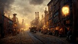 Fototapeta Londyn - Surreal SteamPunk City on Blurred background, streets with smoky factory buildings and Transportation facilities