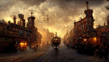 Wall Mural - Surreal SteamPunk City on Blurred background, streets with smoky factory buildings and Transportation facilities