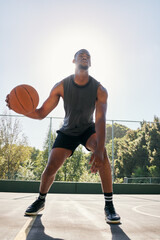 Canvas Print - Basketball player, dribble basketball court at training and workout ready for contest, sport or game with ball. Sports, basketball or black man preparation, outdoor or exercise for summer competition