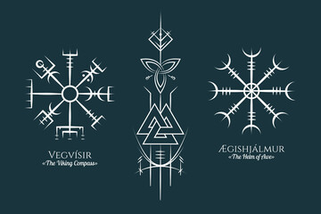 Wall Mural - Viking symbols set. Isolated  icons of pagan norse sign vegvisir, valknut, triquetra and aegishjalmur. Scandinavian vector illustration.