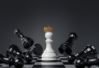 Wall Mural - White chess pieces wearing a golden crown are showing leadership. Chess board game concept of business strategy idea, 3d rendering