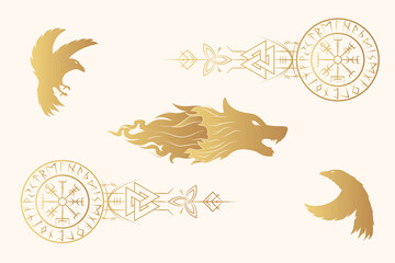 Golden Viking symbols. Five icons of vegvisir, valknut, triquetra, wolf and ravens isolated on white background. Scandinavian vector illustration.