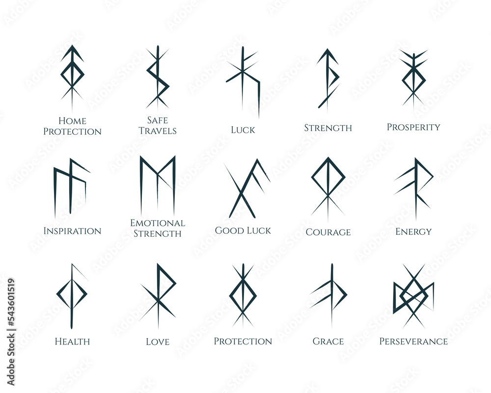 Viking Bind Runes isolated set. Mystical norse symbols collection with  meanings. Scandinavian vector illustration for esoteric, fortune telling  and tattoo. Stock Vector | Adobe Stock, image size:1000x800