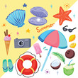 Summer vibes on the beach, with sea creatures like clam and starfish, sunglasses, ice cream, coconut, and others. Vacation vector illustrations set with cartoon flat art style drawing collection.