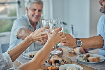 Wall Mural - Toast with a glass of wine, lunch and happy family cheers in celebration for family reunion, bonding or brunch buffet. Brunch food, alcohol drink and group of friends celebrate good news at event