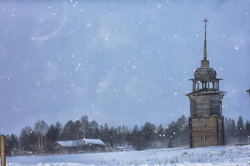 Wall Mural - wooden church in the Russian north landscape in winter, architecture historical religion Christianity