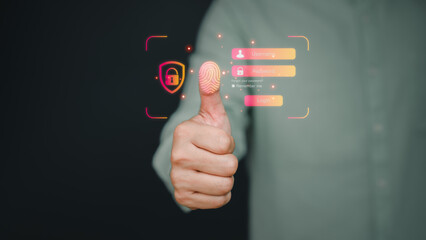 Poster - Man login with fingerprint scanning technology. Security concepts and fingerprint password control in the technology of the future.