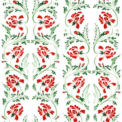 Ukrainian folk painting style Petrykivka. Floral watercolor seamless pattern from red peony flowers and green leaves isolated on transparent background