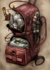 fantasy backpack, grapple hook, flasks and lock picks, fantasy digital art, horror art, apocalypse