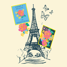 Travel Paris Poster With Eiffel Tower And Floral Frame, Typography, T-shirt Design.

