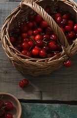 Canvas Print - Closeup of red cherries in a basket