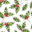 Holly berry Christmas seamless pattern. Christmas holly branches on white background. 