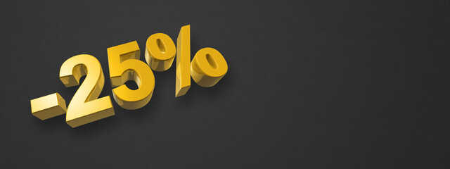 25% off discount offer. 3D illustration isolated on black. Horizontal banner