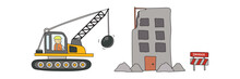 Kids Drawing Vector Illustration Of Construction Site With Demolition Truck And Wrecked Building In A Cartoon Style