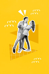 Collage photo of young students couple lovers dancing together after restaurant anniversary wear casual stylish clothes isolated on yellow color background