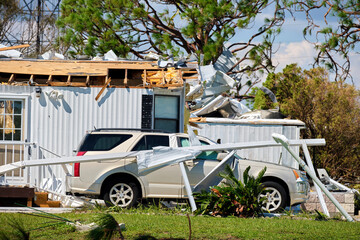 Poster - Severely damaged by hurricane Ian house and vehicle in Florida mobile home residential area. Consequences of natural disaster