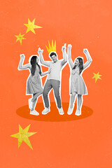 Poster - Artwork magazine picture of crazy happy smiling ladies guy having fun together dancing discotheque isolated drawing background