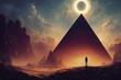 © Zaleman - A large pyramid in the mountains under the bright sun and a man at its foot 3d illustration