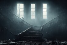 Ruined Building With A Large Staircase In The Fog With Moonlight Through The Old Windows 3d Illustration