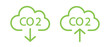 CO2 emission flat icon set. Carbon reduction, reduce gas pollution. Air clouds with CO2 arrow sign. Vector illustration.
