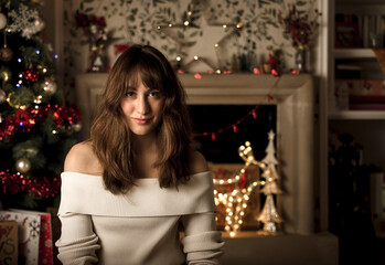 Portrait of woman at Christmas with fireplace and tree in background