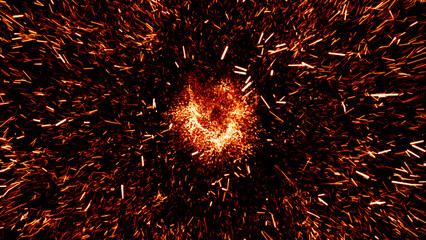 Poster - fire sparks from campfire over black background. Super slow motion of fire sparks isolated on black background