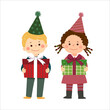 Vector illustration cartoon of kids holding gift boxes. Merry Christmas and Happy New Year card