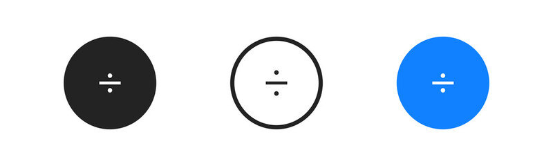 Simple blue round math divide button icon. Flat design for mobile app. Element of calculator. Circle, minus, calculations sign.