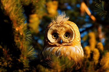 Tiny golden owl in pine tree, big adorable eyes, autumn scene 