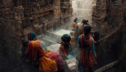 AI generated image of a group of women in ancient India collecting water from a massive ornate stepwell 