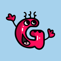 red funny letter G in the form of a monster with a face, tail, ears and curly bangs, cheerful and surprised, with shadow and highlights, doodle