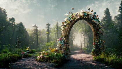 Wall Mural - Spectacular archway covered with vine in the middle of fantasy fairy tale forest landscape, misty on spring time. Digital art 3D illustration.