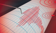  Seismograph Machine Needle Drawing A Red Line On Graph Paper Depicting Seismic And Earthquake Activity - 3D Render