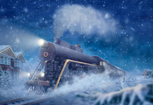 Christmas Train, Snowy Landscape, A Little Boy Sees Off Or Meets The Train. Fantasy Photo Manipulation Christmas Picture, Express Illustration. Tramp Sitting On The Roof Of A Train
