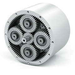 Wall Mural - Planetary gear on a white background. Gearbox mechanism. 3d illustration