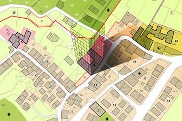 Imaginary cadastral map of territory with building in the center - land registry concept illustration - Note: the map background is totally invented and does not represent any real place