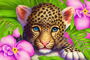 Wall Mural - Сute baby Leopard peeking out in hawaii jungle with plumeria flowers. Amazing tropical floral pattern for print, web, greeting cards, wallpapers, wrappers. Digital art