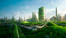Spectacular Eco-futuristic Cityscape ESG Concept Full With Greenery, Skyscrapers, Parks, And Other Manmade Green Spaces In Urban Area. Green Garden In Modern City. Digital Art 3D Illustration.
