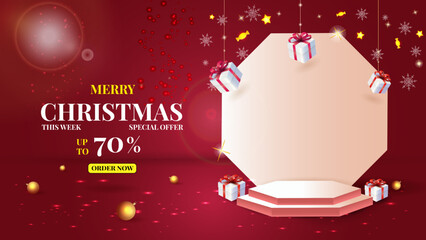 Poster - Christmas sale background, 3d podium and gift boxes. Red xmas and new year products, platform in lights, display for presentation, hexagon showcase. Vector decoration sale banner