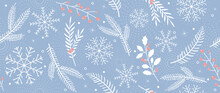 Winter Botanical Leaves Seamless Pattern Light Blue Background. Vector Illustration Element Of Winter Leaf Branches, Holly, Berry, Pine Leaves, Snowflakes. Design For Print, Banner, Poster, Wallpaper.